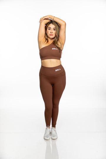 BELL One-Shoulder Sports Bra & High-Waist Leggings Set - Brown