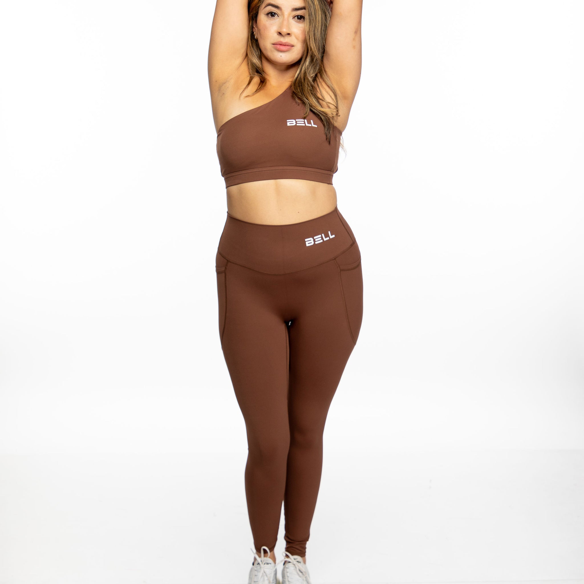 BELL One-Shoulder Sports Bra & High-Waist Leggings Set - Brown